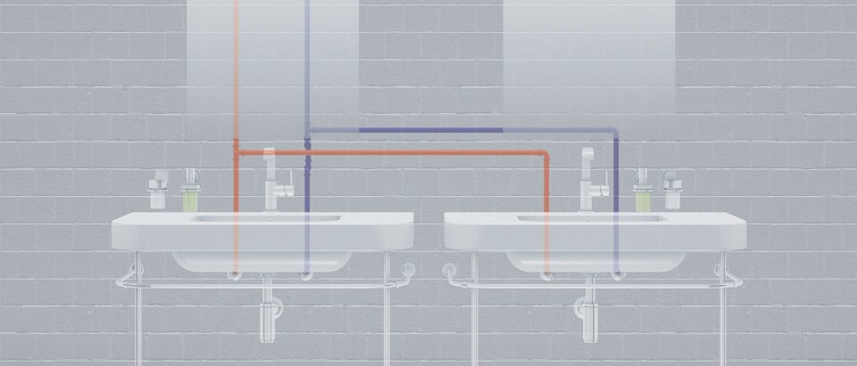 Two wash basins with one-hole basin mixer