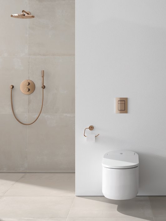 Toilette GROHE avec accessoires de salle de bains tels que le porte-papier toilette et la plaque de commande en or rose