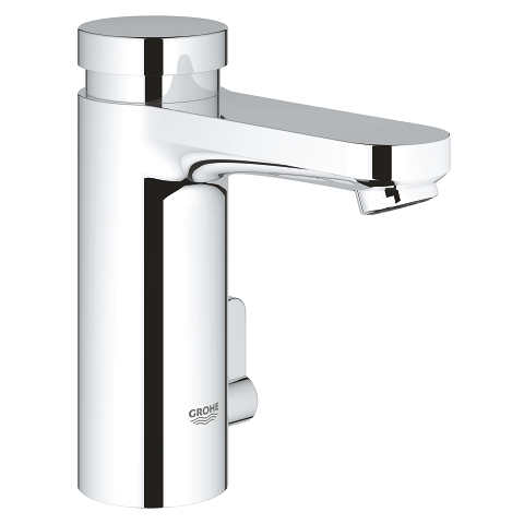 Self-closing basin mixer with mixing device and adjustable temperature limiter