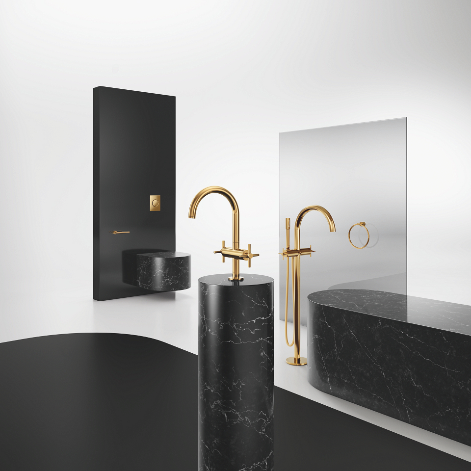GROHE Atrio robinet de lavabo en or avec GROHE Atrio mitigeur bain en or