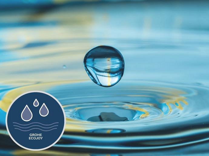 Hands holding a large water droplet surrounded by green leaves, with the GROHE EcoJoy logo in the corner
