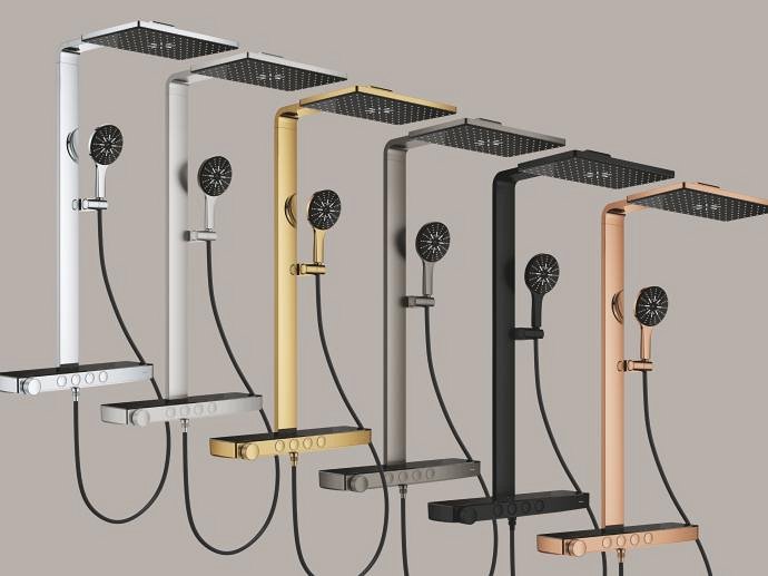 A lineup of five Rainshower Aqua Pure shower systems, each in a different finish.