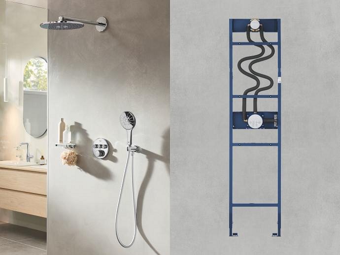 A GROHE Duo Rapido Shower Frame in use on the left, and on the right, the exposed structure of the installation system.