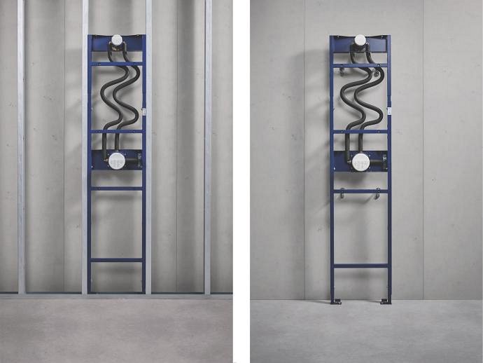 Two images side by side showing the GROHE Rapido Shower Frame installed in a wall, with visible pipes and connectors.