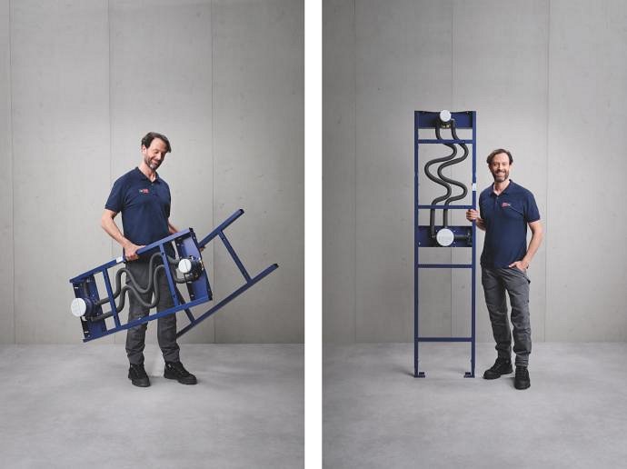 An installer carries a disassembled GROHE Rapido Shower Frame in the left photo. In the right photo, he stands beside the fully assembled system.