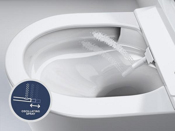 A close-up of a GROHE toilet shower with the oscillating spray in action.