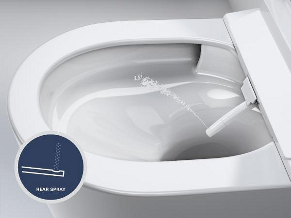 A close-up of a GROHE toilet shower with the rear spray in action.