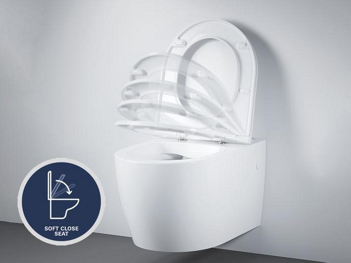 A white toilet with a closing lid, highlighting the Noise Reduction feature through Soft-Close technology, which prevents slamming and reduces noise for a quieter bathroom experience.