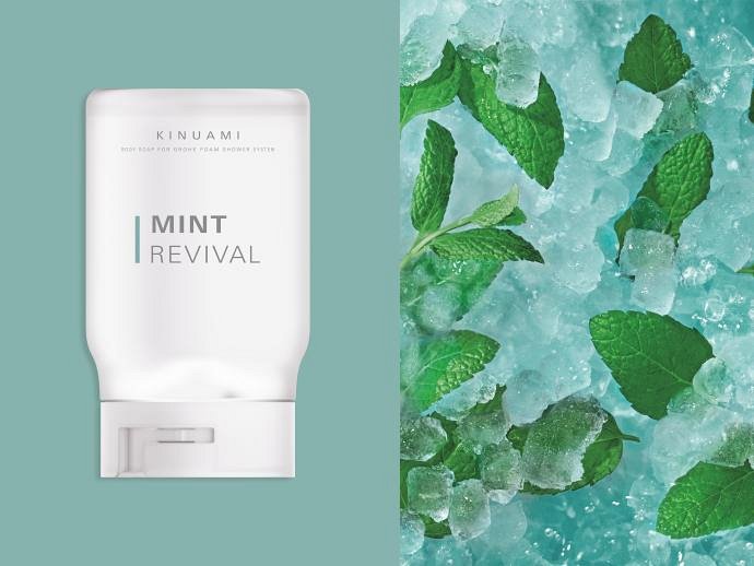 Kinuami Mint Revival to piankowe z chłodzącą miętą pieprzową i świeżymi liśćmi mięty, zapewniające orzeźwiający i rewitalizujący prysznic.