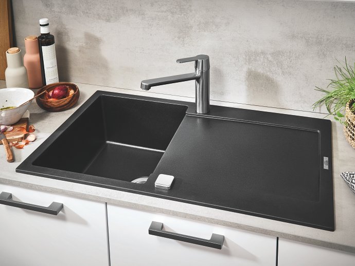 GROHE K500 évier de cuisine en noir granite avec égouttoir