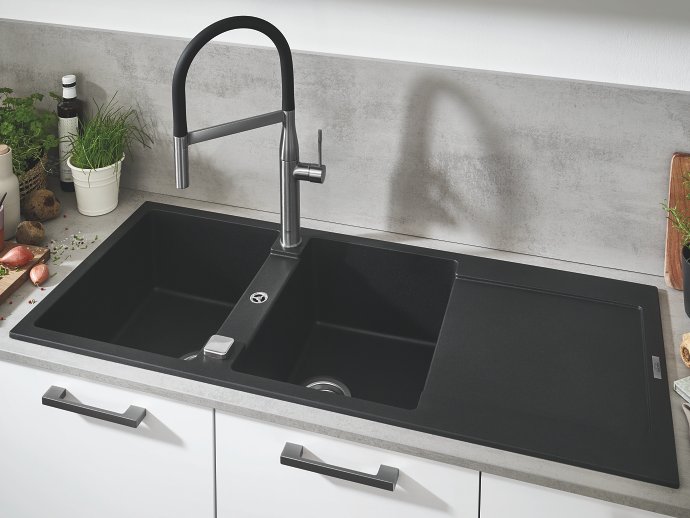 GROHE K500 évier de cuisine composite avec égouttoir en noir granite avec GROHE Essence robinet de cuisine en acier inoxydable