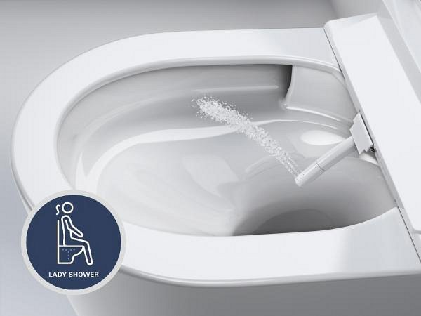 A close-up of a GROHE toilet shower with the lady shower feature in action.