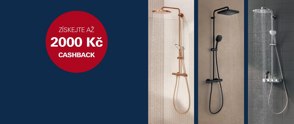 Sprchové systémy GROHE Euphoria 260 v růžovozlaté barvě, GROHE Tempesta Cube v černé barvě a GROHE Euphoria SmartControl v chromové povrchové úpravě.