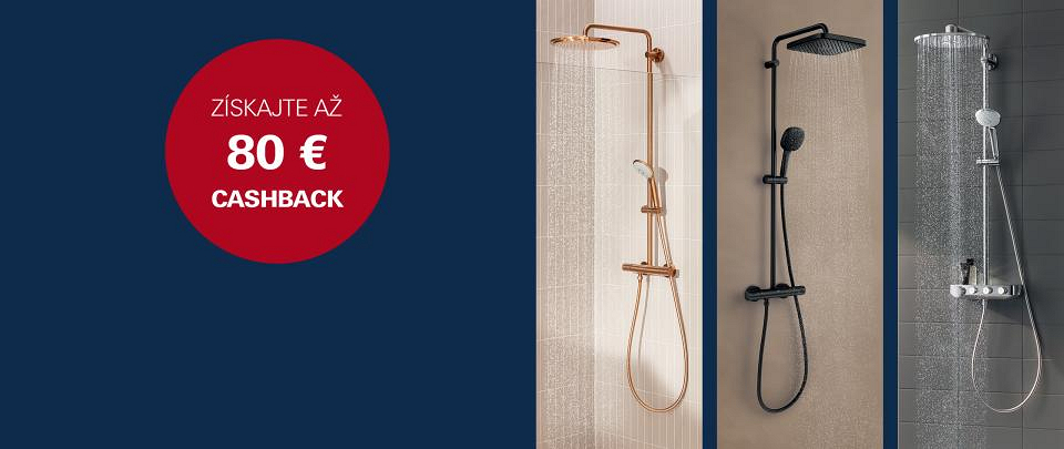 Sprchové systémy GROHE Euphoria 260 v ružovozlatej farbe, GROHE Tempesta Cube v čiernej farbe a GROHE Euphoria SmartControl v chromovej povrchovej úprave s modernými obkladmi na modrom pozadí.