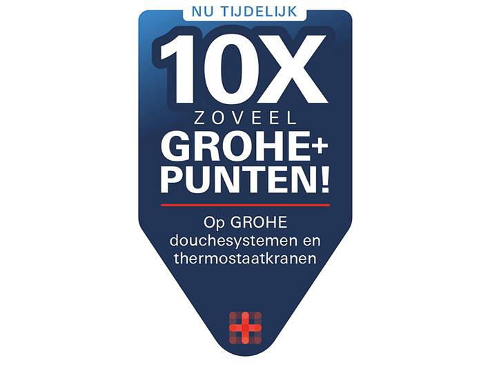 Logo dat laat zien dat je 10x zoveel GROHE+ bonuspunten ontvangt op GROHE douchesystemen en thermostaatkranen