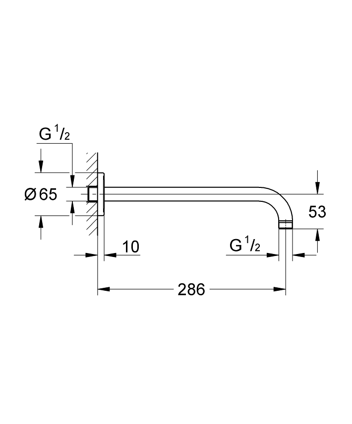 Rainshower Duş başlığı kolu 286 mm ölçü ve teknik çizim