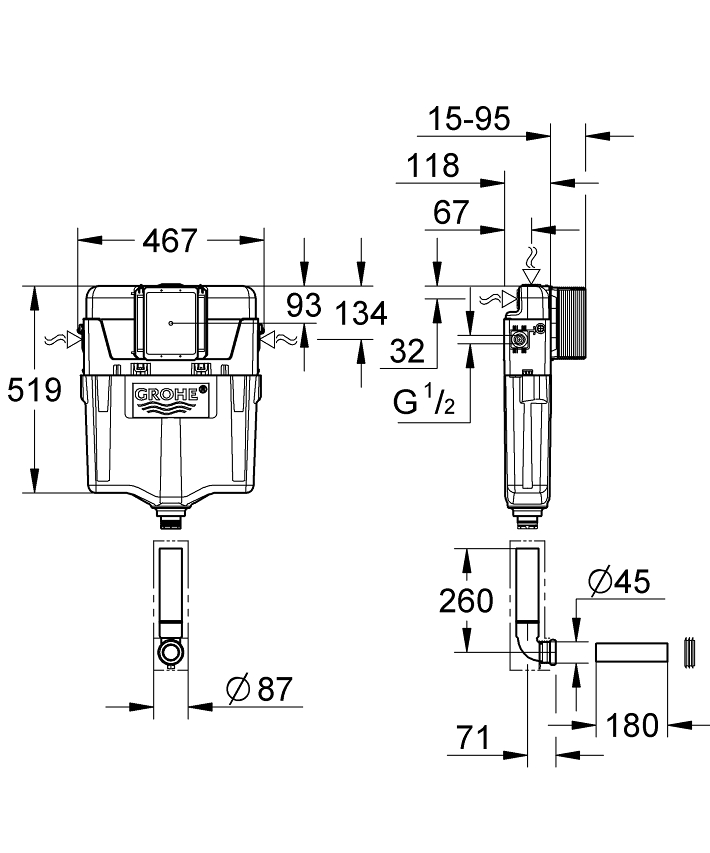 No Collection - GROHE GD 2 gömme rezervuar ölçü ve teknik çizim