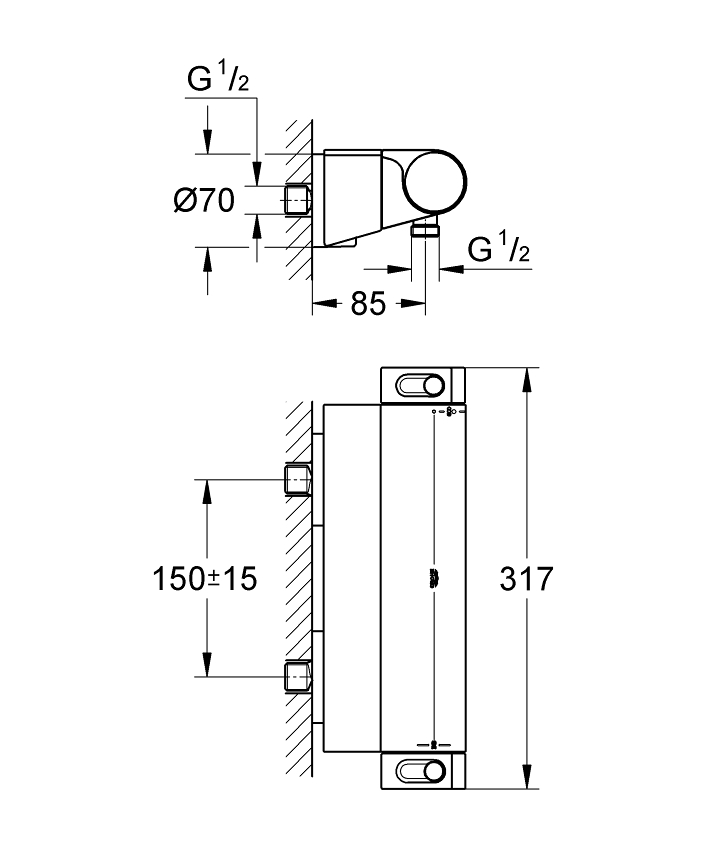 Grohtherm 2000 Termostatik duş bataryası ölçü ve teknik çizim