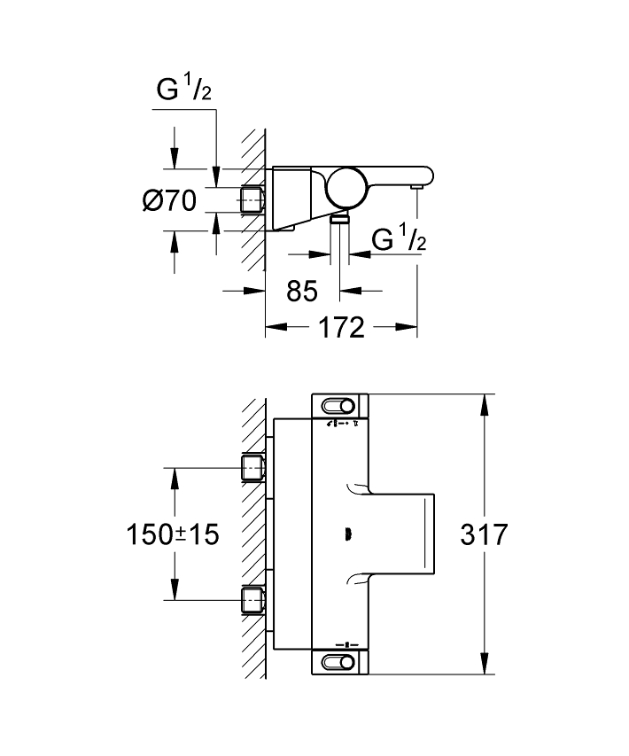 Grohtherm 2000 Termostatik banyo bataryası ölçü ve teknik çizim