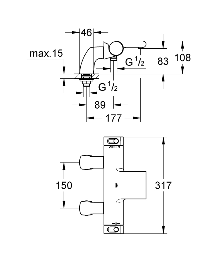 Grohtherm 2000 Termostatik banyo bataryası ölçü ve teknik çizim