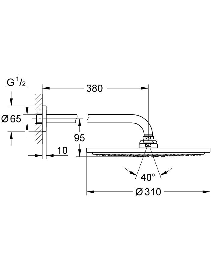 Rainshower Kopfbrausen Kopfbrause-Set 380 mm, 1 Strahlart ölçü ve teknik çizim
