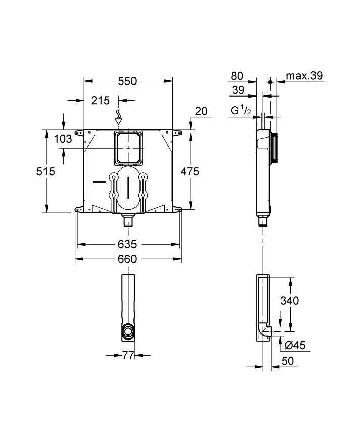 No Collection - GROHE WC 80 mm için gömme rezervuar ölçü ve teknik çizim