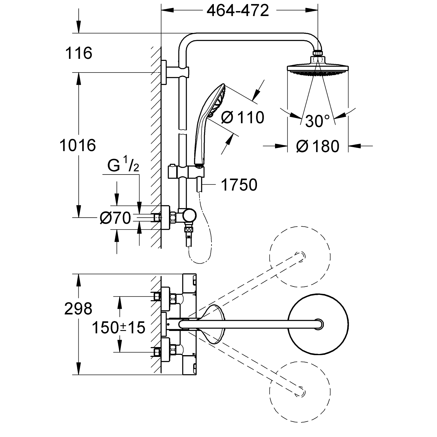 Vitalio Joy System 180 Shower system with thermostat for wall mounting 3