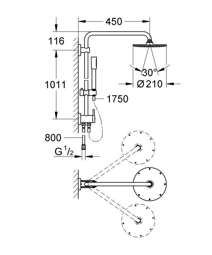 Rainshower System 210 Duvara monte yön değiştiricili duş sistemi ölçü ve teknik çizim