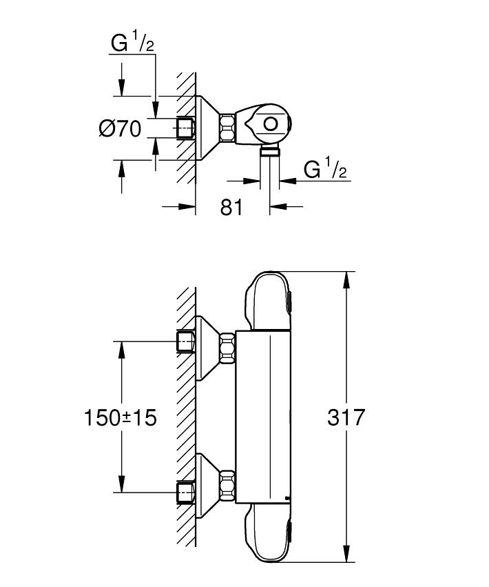 Grohtherm 1000 Termostatik duş bataryası ölçü ve teknik çizim