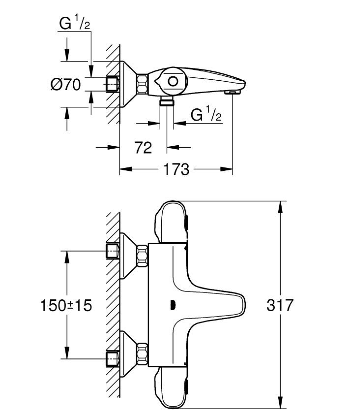 Grohtherm 1000 Termostatik banyo bataryası ölçü ve teknik çizim