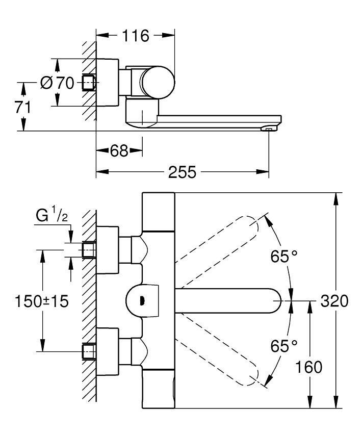Eurosmart Cosmopolitan E Duvardan, fotoselli ve termostatik sıcaklık kontrollü lavabo bataryası ölçü ve teknik çizim