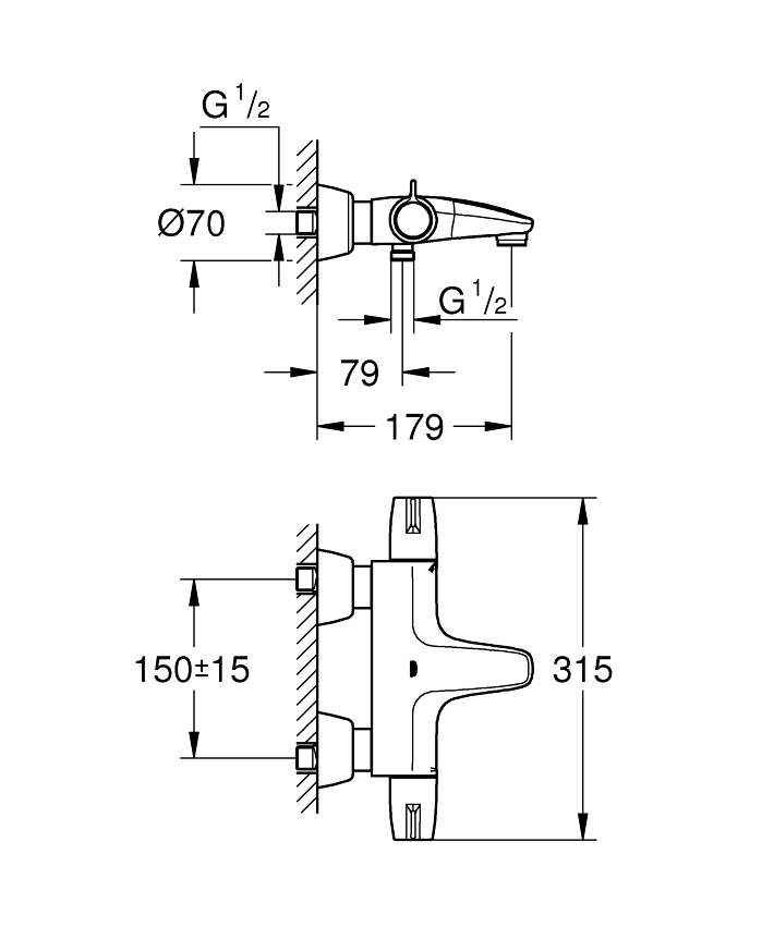 Grohtherm Special Termostatik banyo bataryası ölçü ve teknik çizim