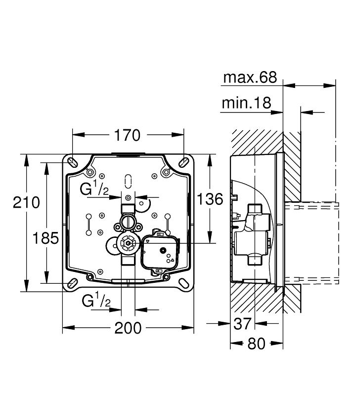 No Collection - GROHE GROHE Rapido U ölçü ve teknik çizim