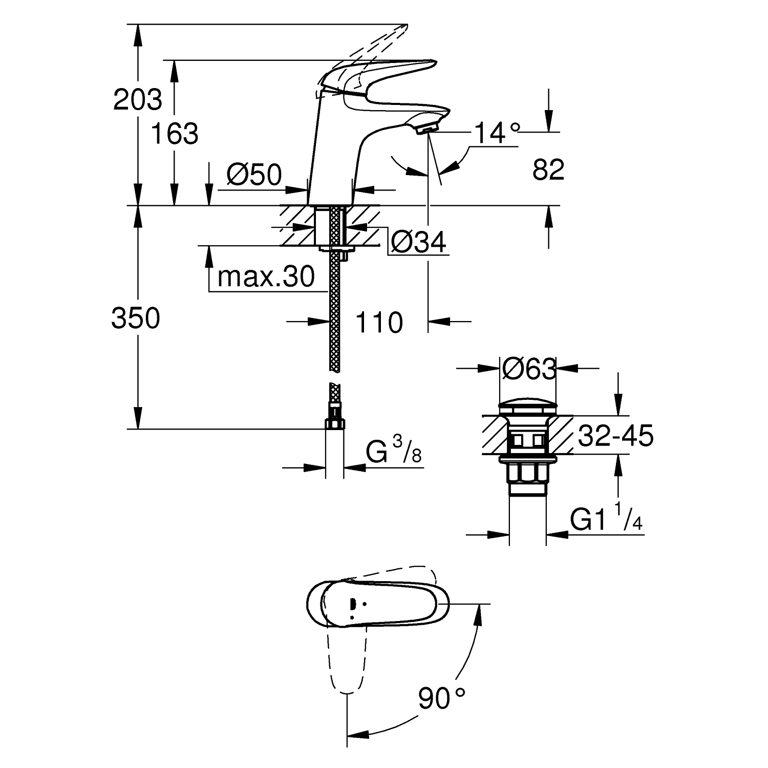 Wave - tvättställsblandare i S-Size med push-open bottenventil - Energibesparande - Krom 3