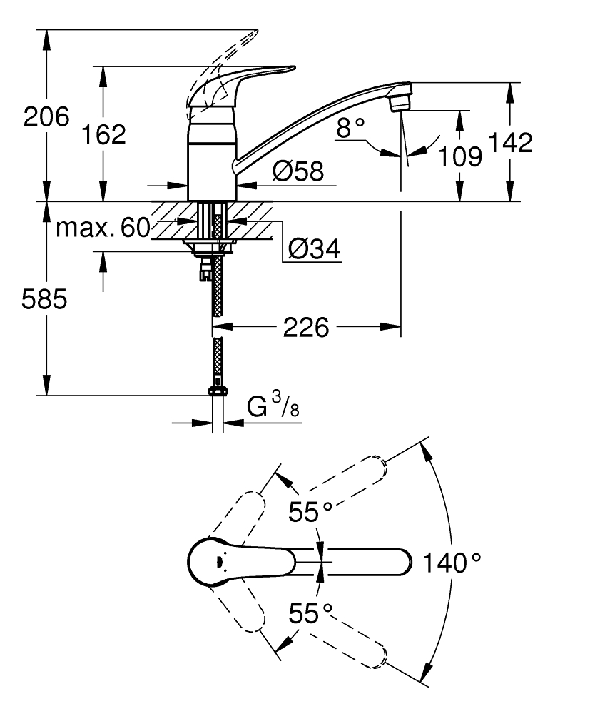 ЧертежGrohe Euroeco Sink (33912000)