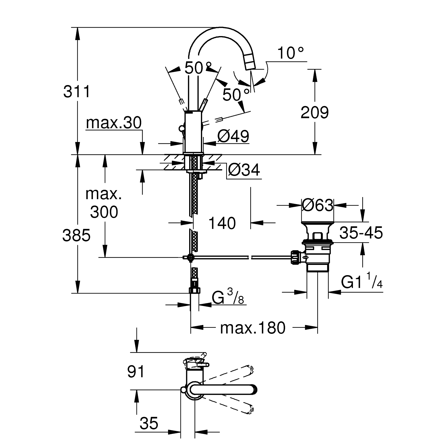 Miscelatore monocomando<br />per lavabo<br />Taglia L 3