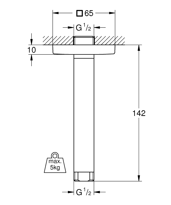 Rainshower Duş başlığı dirseği 142 mm ölçü ve teknik çizim