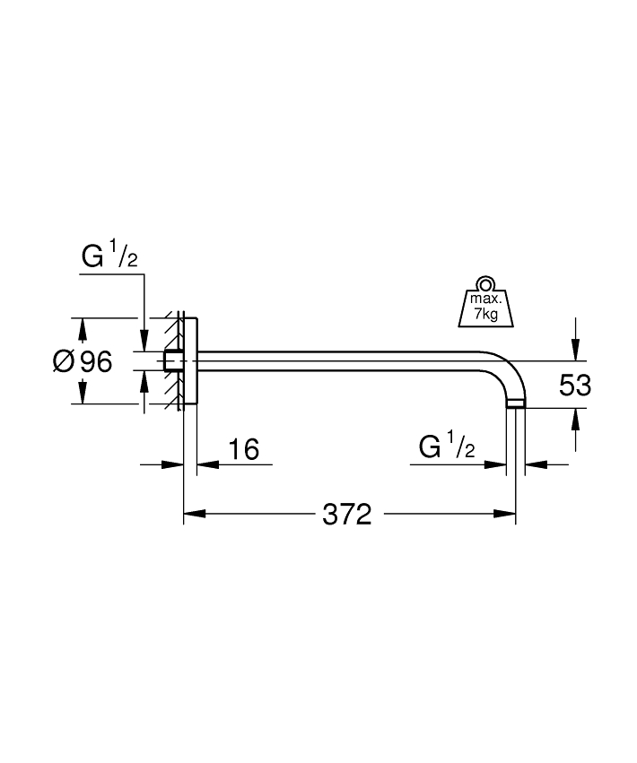 Rainshower Duş başlığı kolu 372 mm ölçü ve teknik çizim