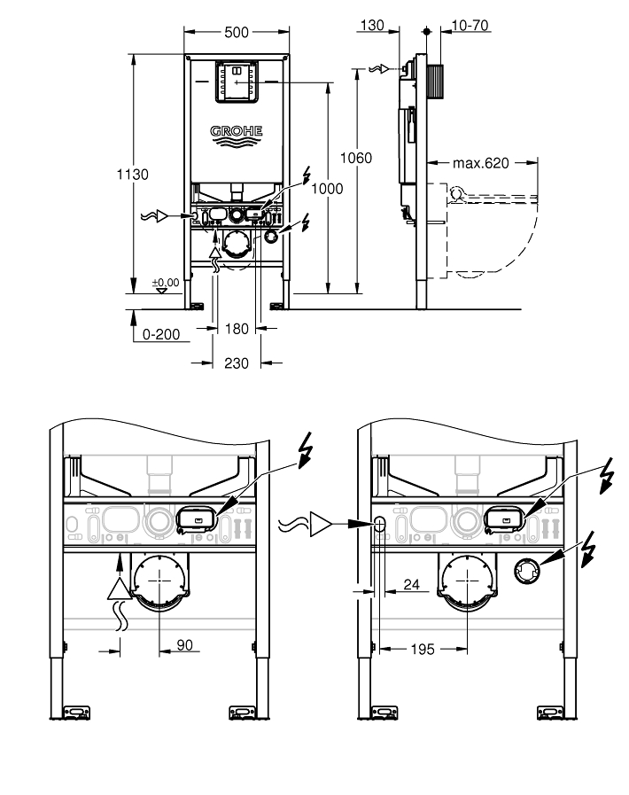 Rapid SLX Element for WC, 1.13 m installation height with integrated socket and shower toilet connection ölçü ve teknik çizim