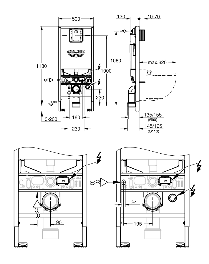 Rapid SLX Element for WC, 1.13 m installation height with integrated socket and shower toilet connection ölçü ve teknik çizim