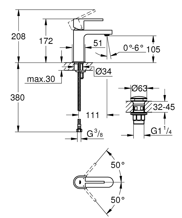 GROHE Plus Tek kumandalı lavabo bataryası S-Boyut ölçü ve teknik çizim