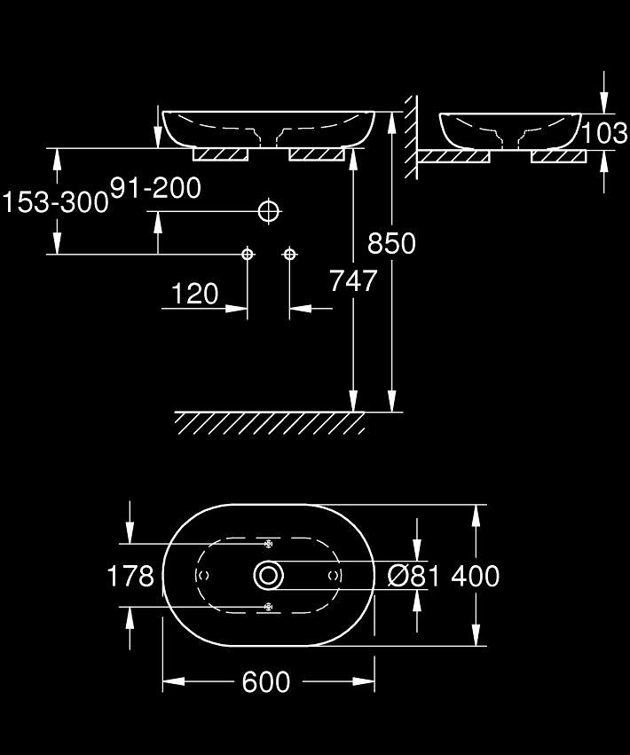 Essence Vessel basin 60 ölçü ve teknik çizim