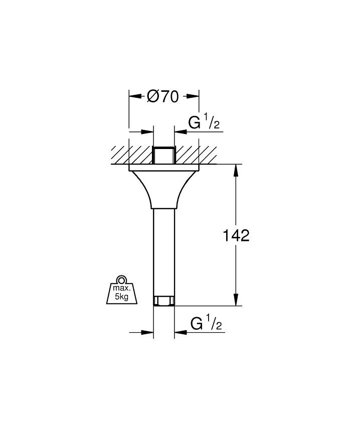 Rainshower Grandera Duş başlığı dirseği 142 mm ölçü ve teknik çizim