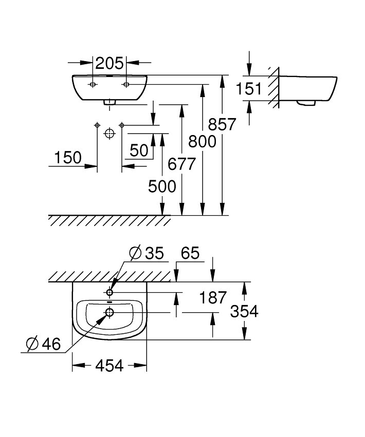 Bau Ceramic Hand rinse basin 45 ölçü ve teknik çizim