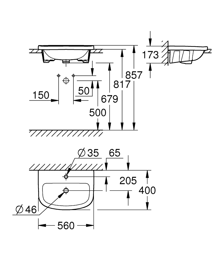 Bau Ceramic Counter basin 55 ölçü ve teknik çizim
