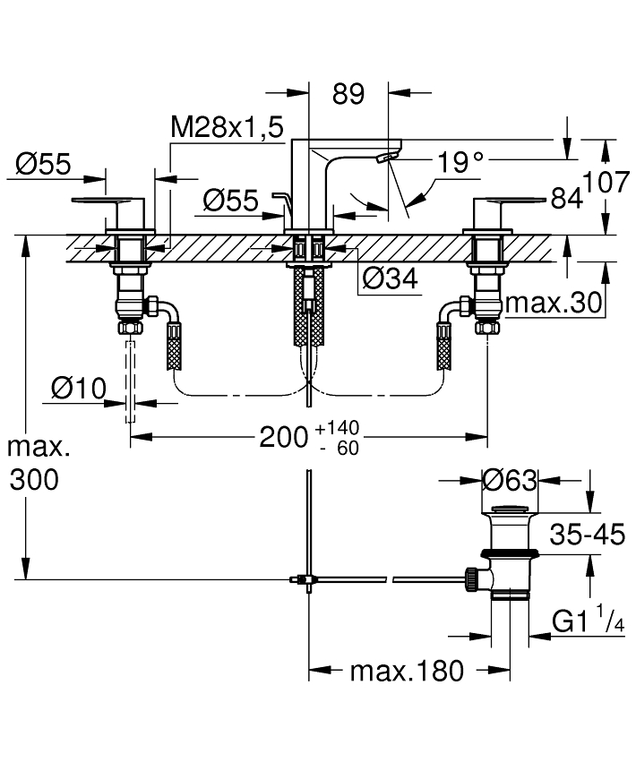 Eurosmart Cosmopolitan 3-Loch-Waschtischbatterie, 1/2
