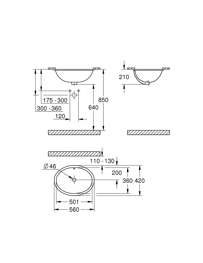 Bau Ceramic Under-counter wash basin 55 ölçü ve teknik çizim