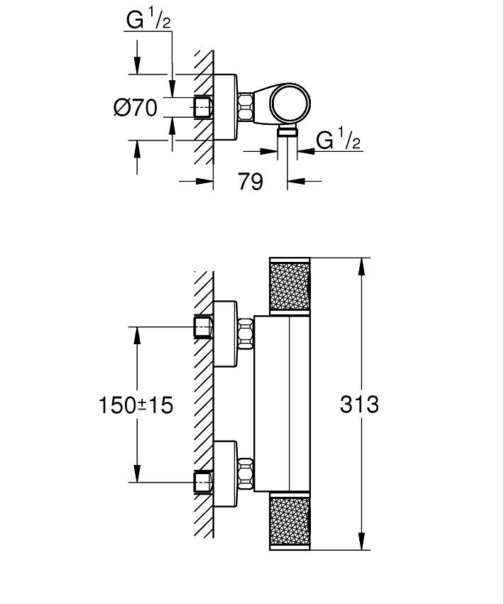 Grohtherm 1000 Performance Termostatik duş bataryası ölçü ve teknik çizim