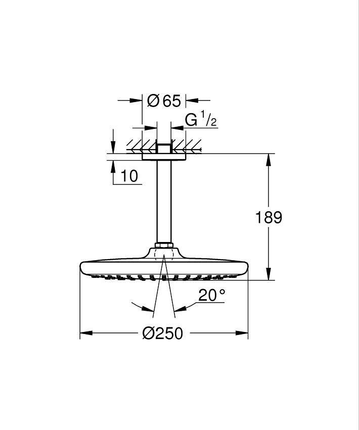 Tempesta 250 Tepe duşu seti 142 mm, tek akışlı ölçü ve teknik çizim