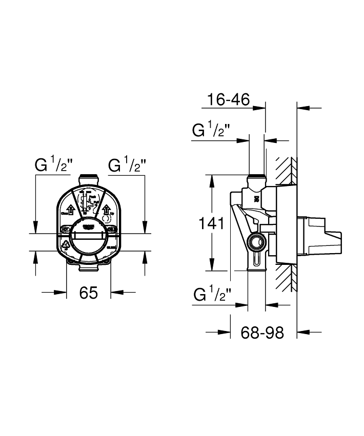Concealed body for OHM Einhand Unterputz-Universal-Einbaukörper, 1/2